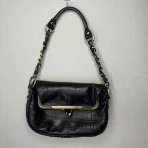 Tommy Hilfiger Vintage Faux Crocodile Leather Black Purse Fold Over Logo Brass